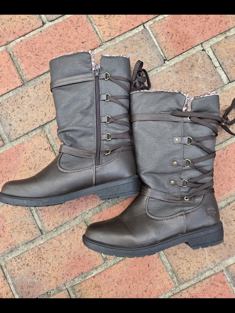 totes Brown Lace-Up/ Side Zipper Winter Rain Boots Sz 10